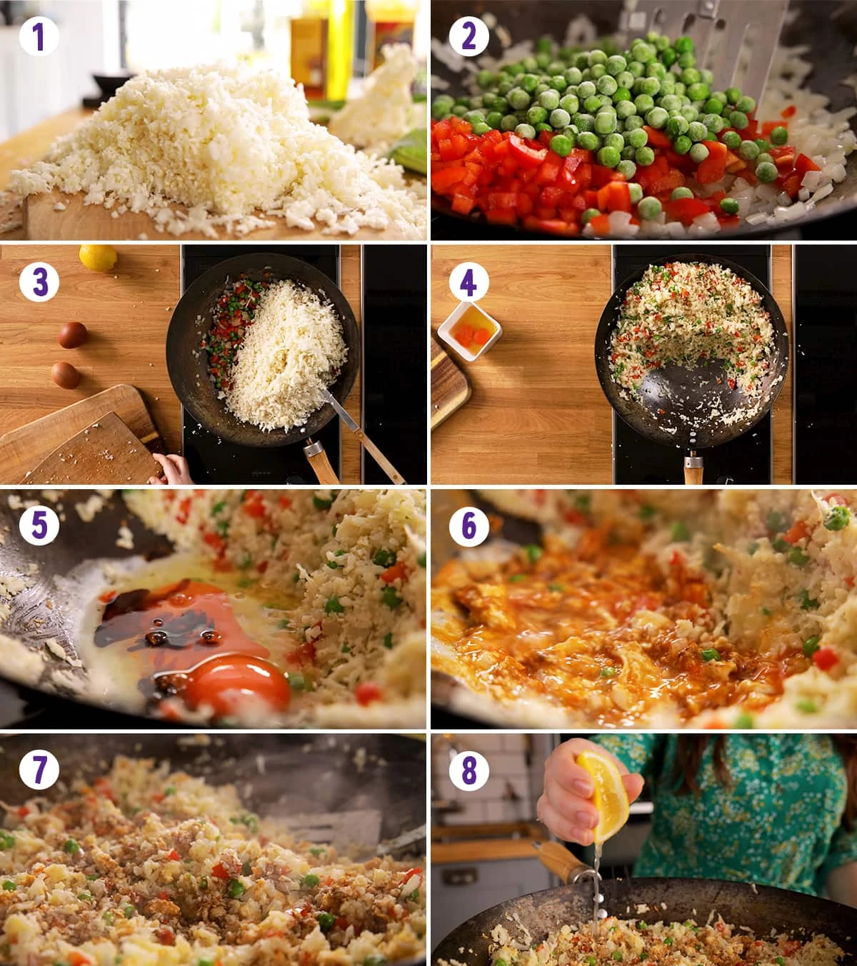 8 image collage showing how to make cauliflower fried rice