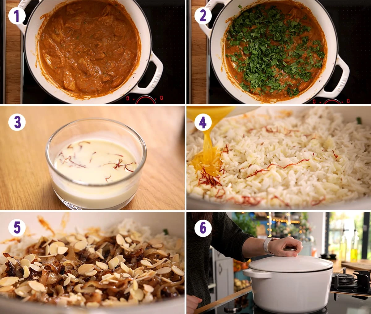 6 image collage showing how to make chicken biryani