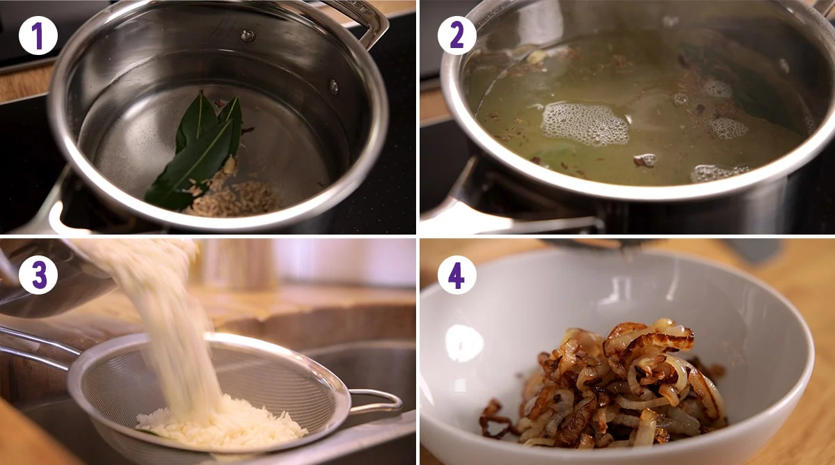 4 image collage showing how to par boil rice and fry onions for chicken biryani