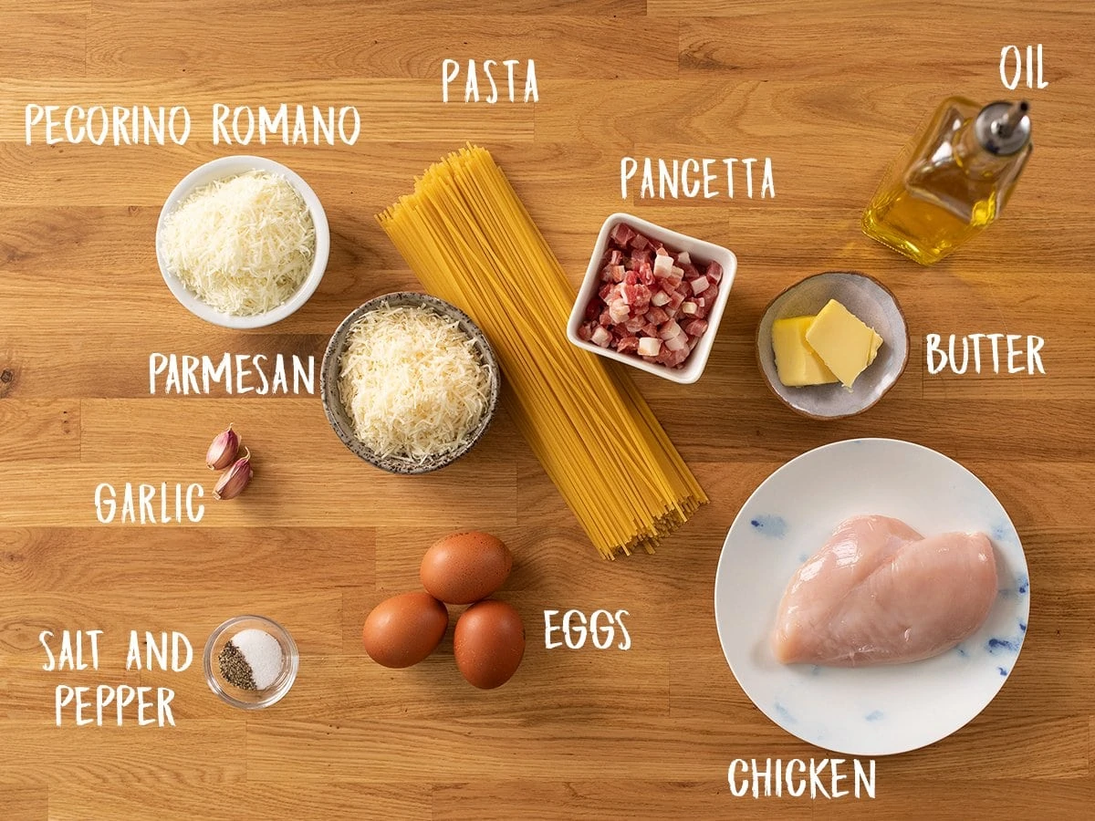 Ingredients for chicken carbonara on a wooden table