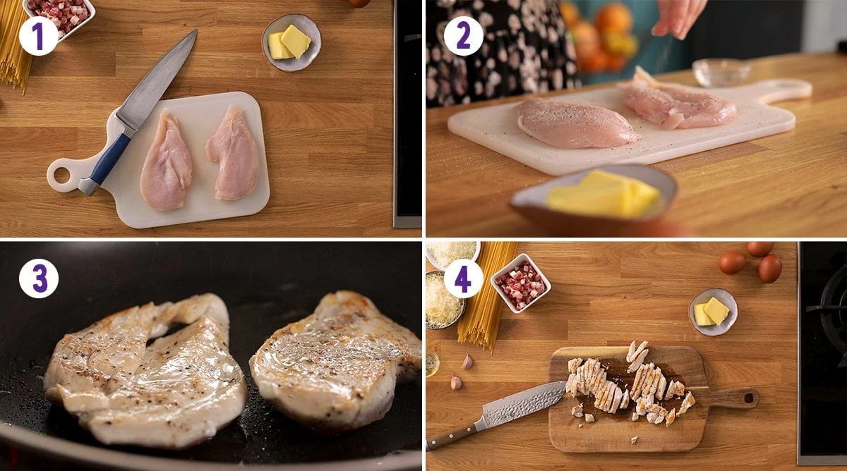 4 image collage showing cooking of chicken breast for chicken carbonara