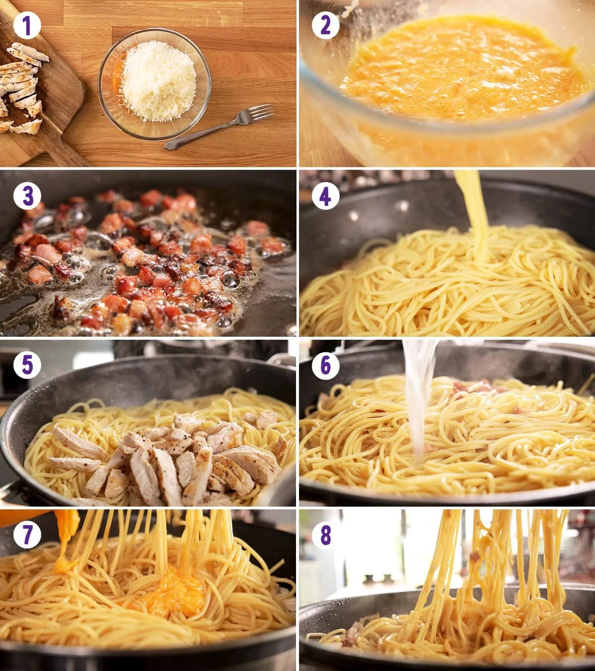 8 image collage showing how to make chicken carbonara