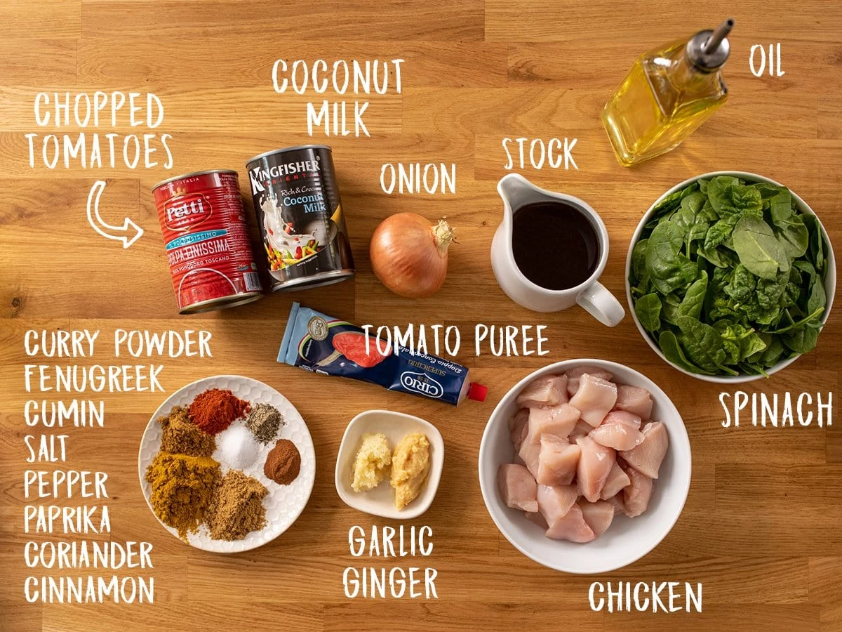 Ingredients for easy chicken curry on a wooden table