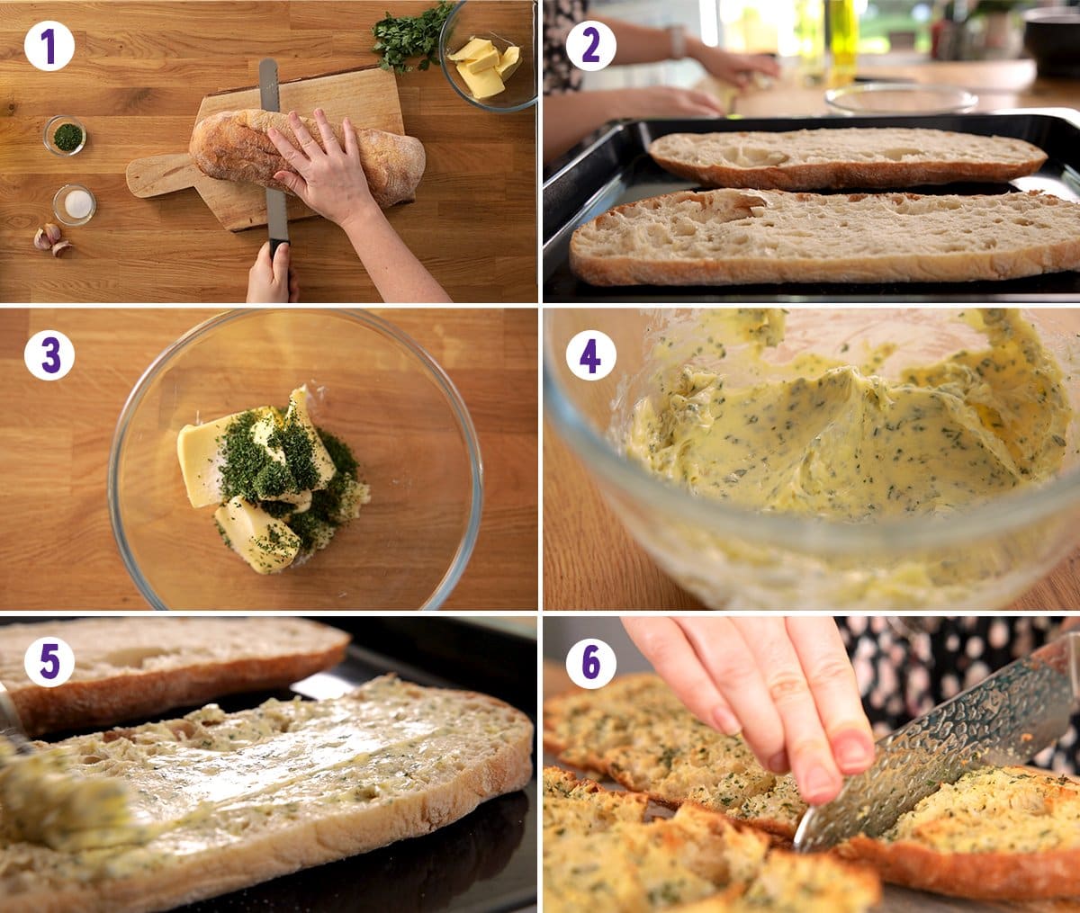 6 image collage showing how to make garlic bread