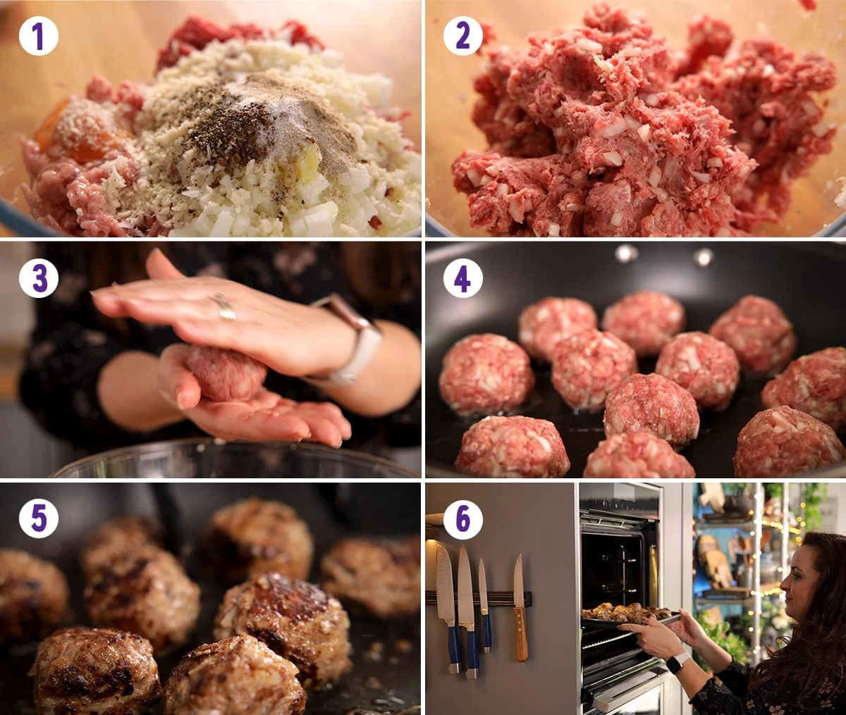 6 image collage showing how to make the meatballs for Swedish meatballs