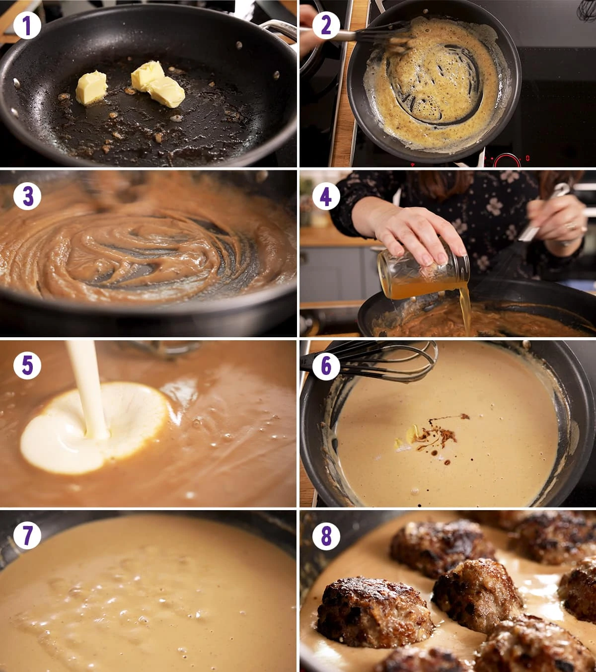 8 image collage showing how to make the sauce for Swedish meatballs