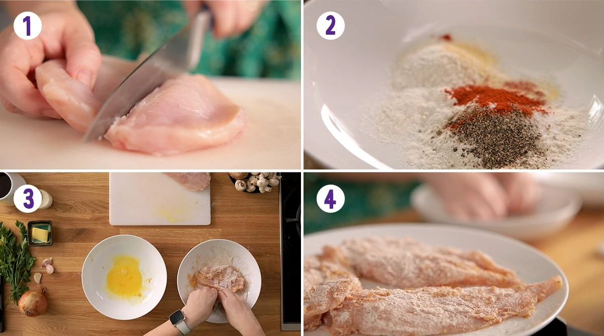 4 image collage showing how to coat the chicken breasts for chicken marsala