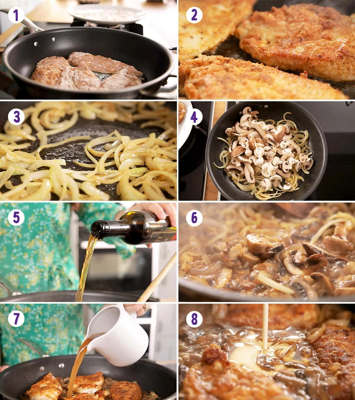 8 image collage showing how to make chicken marsala