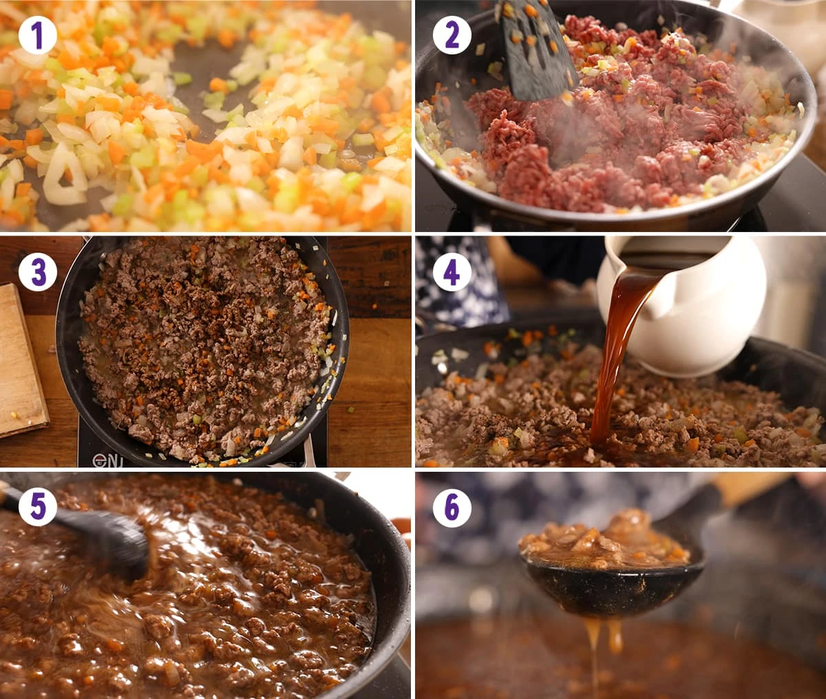 6 image collage showing initial steps for making Shepherd's pie