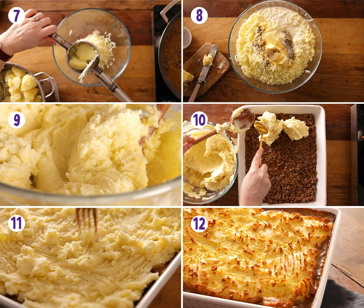 6 image collage showing the final steps for making shepherds pie.