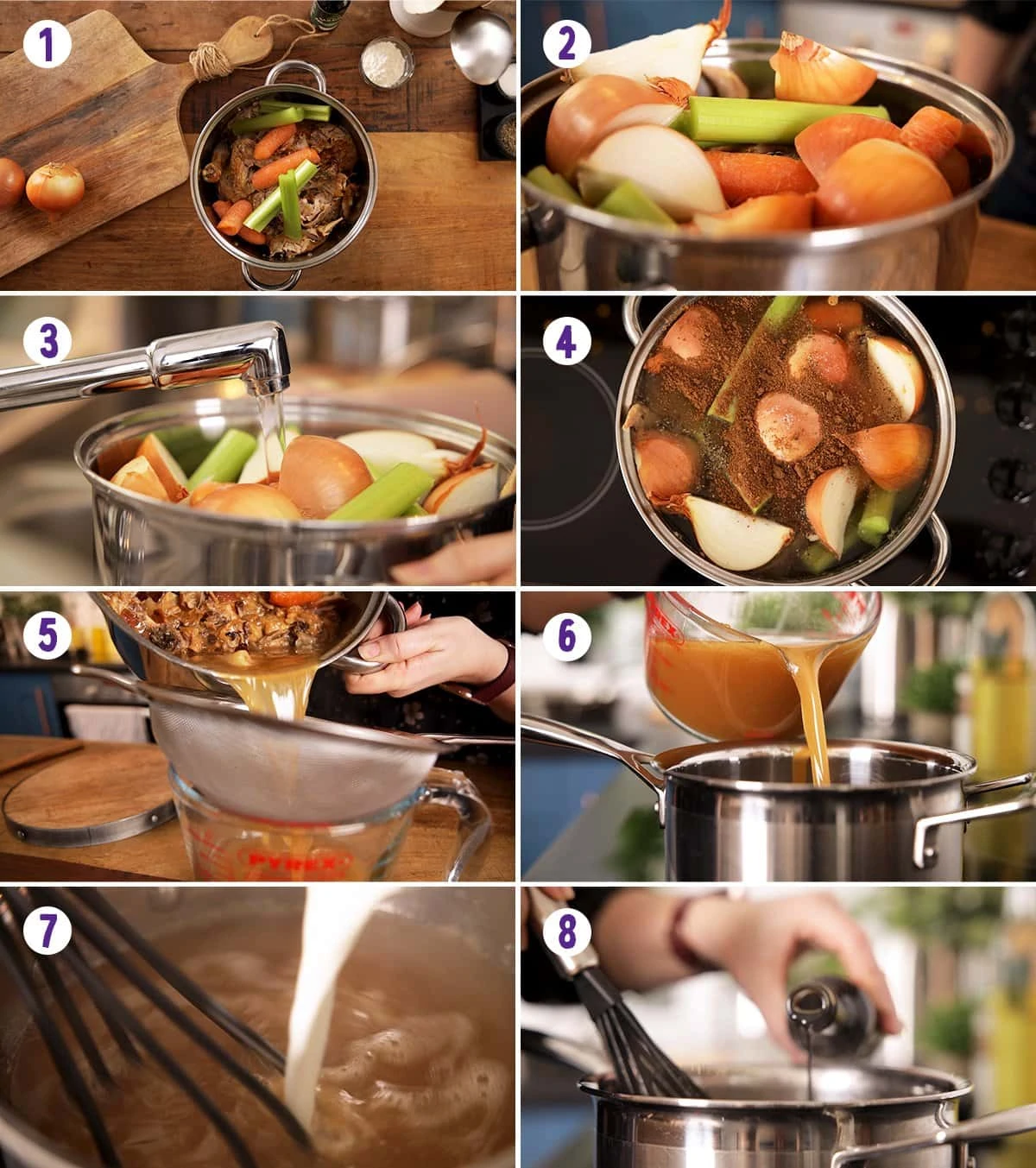 8 image collage showing how to make make-ahead Christmas gravy