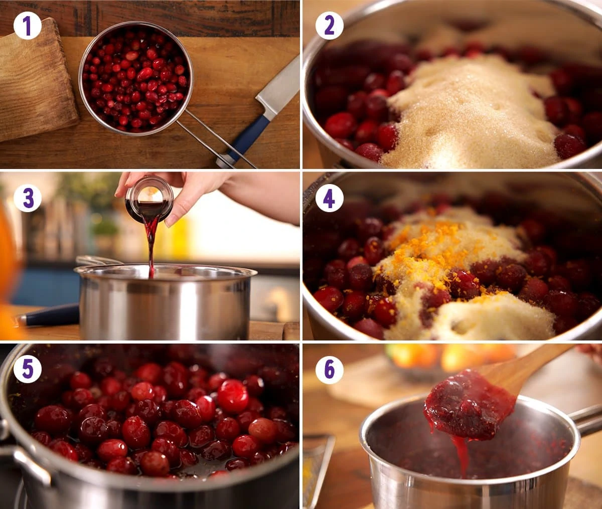 6 image collage showing how to make cranberry sauce