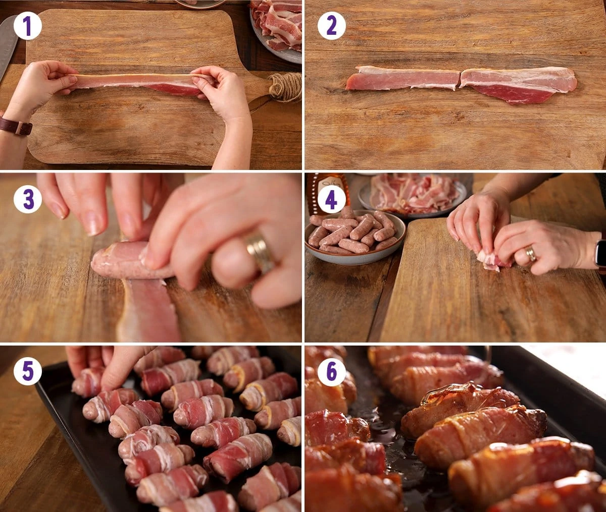6 image collage showing how to make pigs in blankets