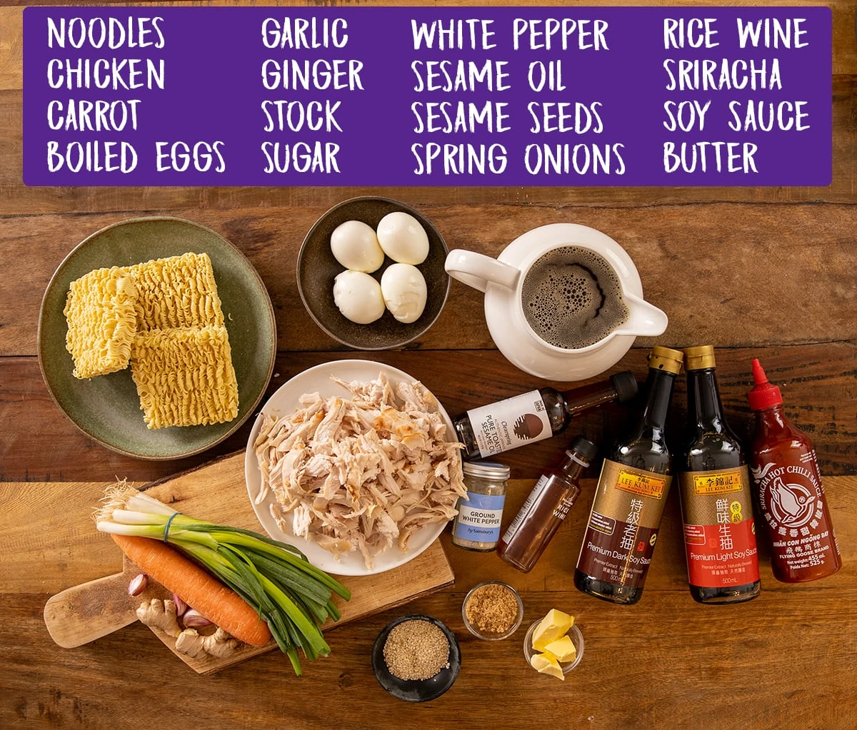 Ingredients for easy chicken ramen on a wooden table