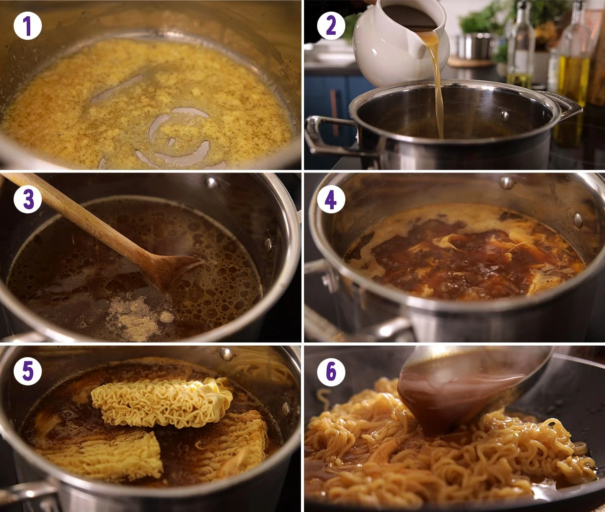 6 image collage showing how to make easy chicken ramen