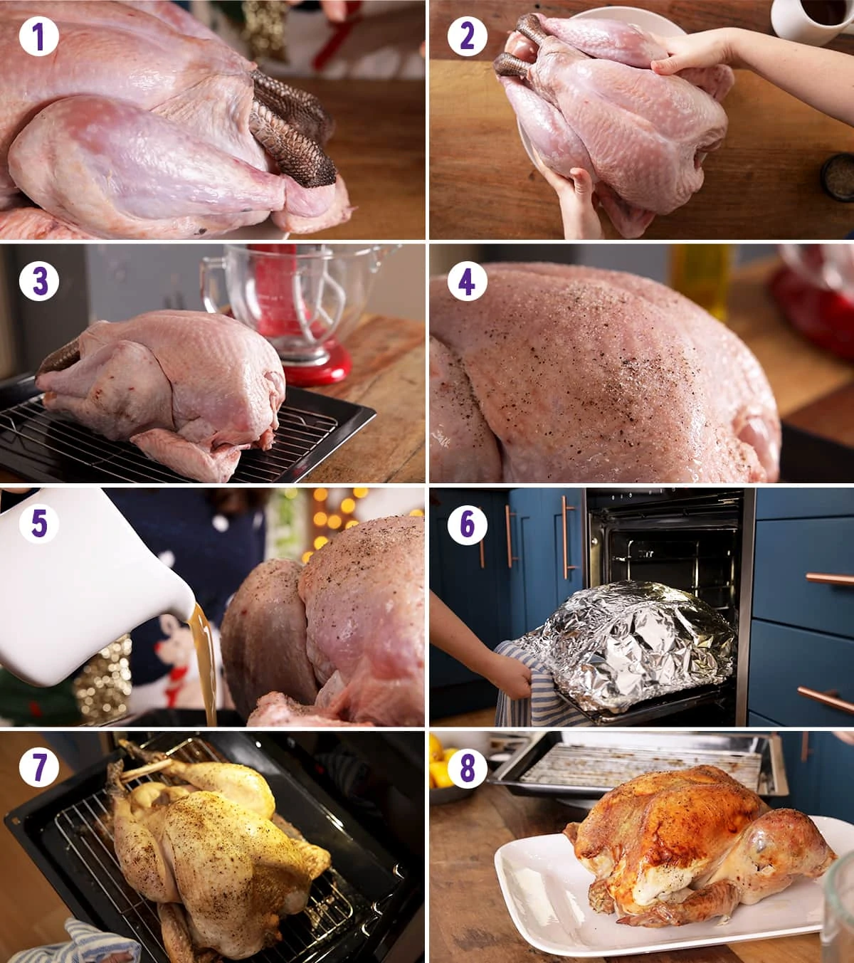 8 image collage showing how to roast a turkey