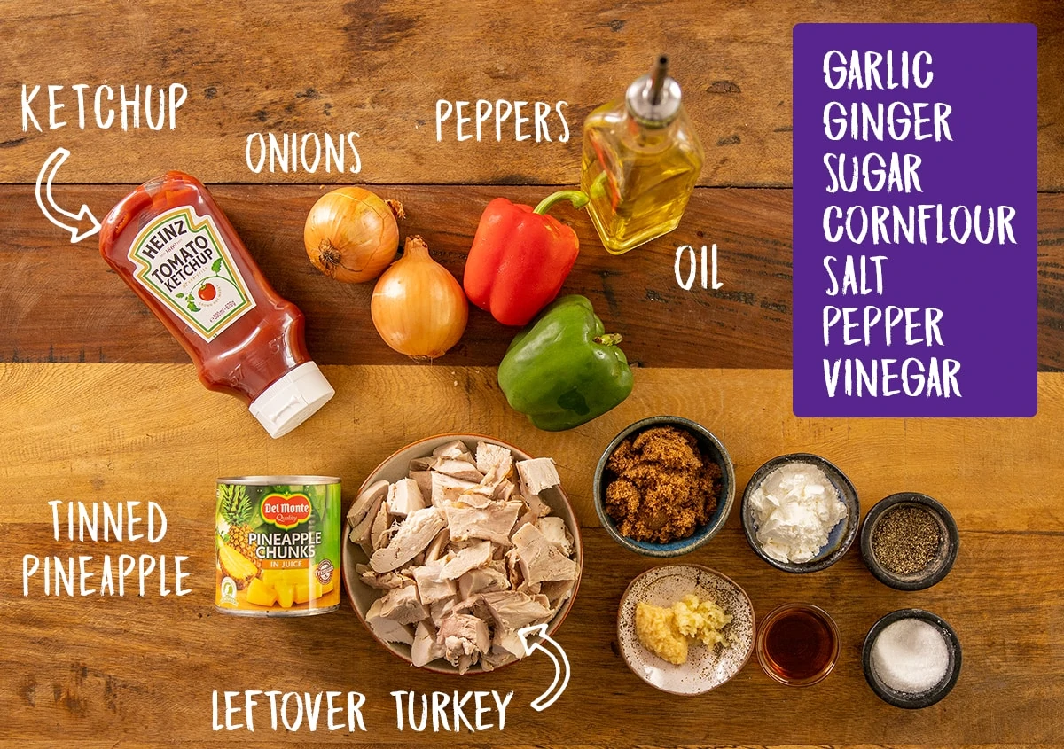 Ingredients for Sweet and sour turkey on a wooden table