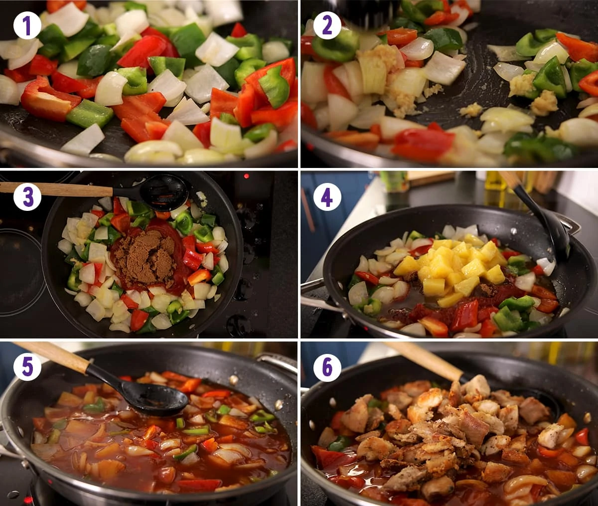 6 image collage showing how to make the sauce and finish off the dish for Sweet and sour turkey