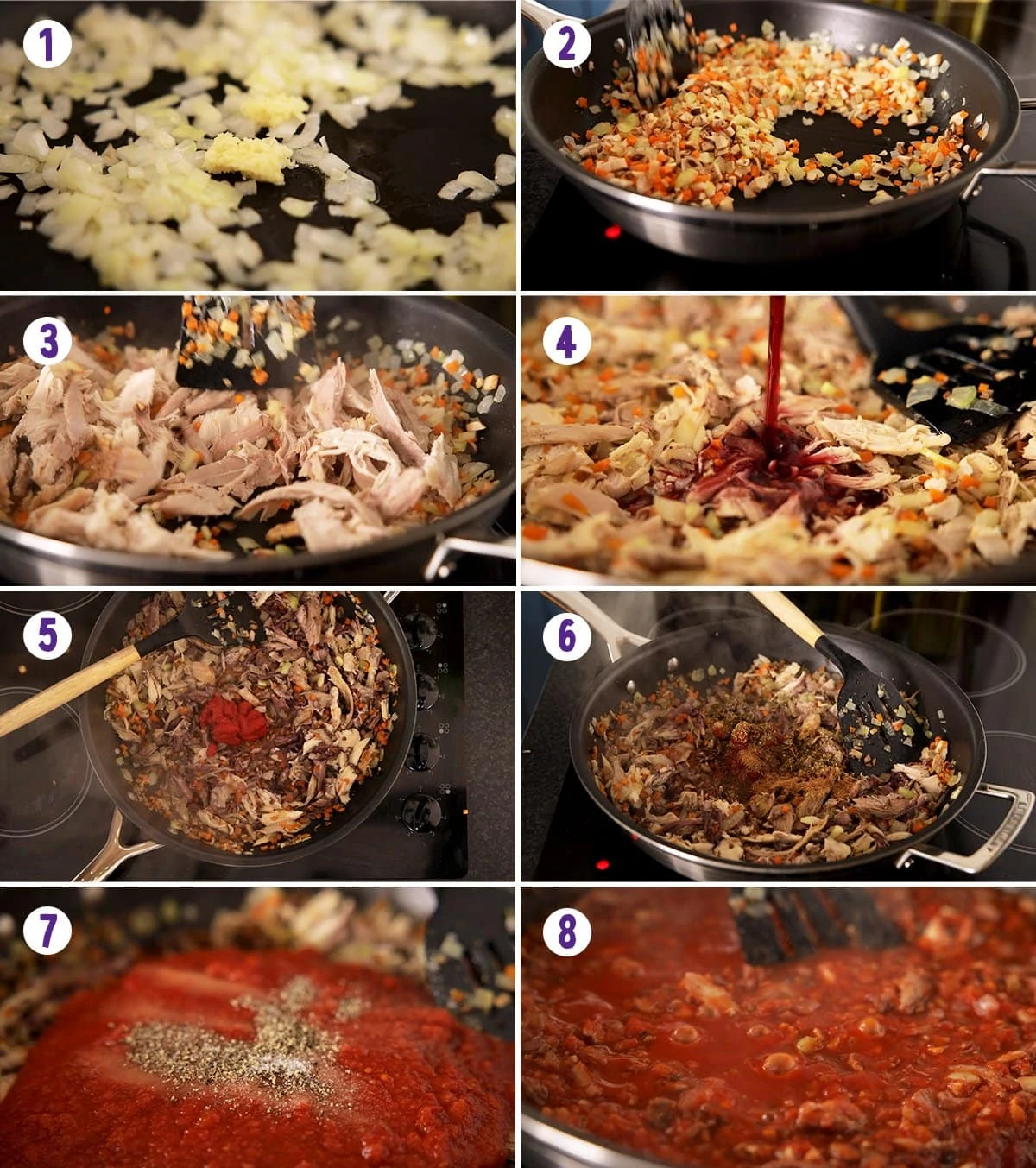 8 image collage showing how to make leftover turkey bolognese