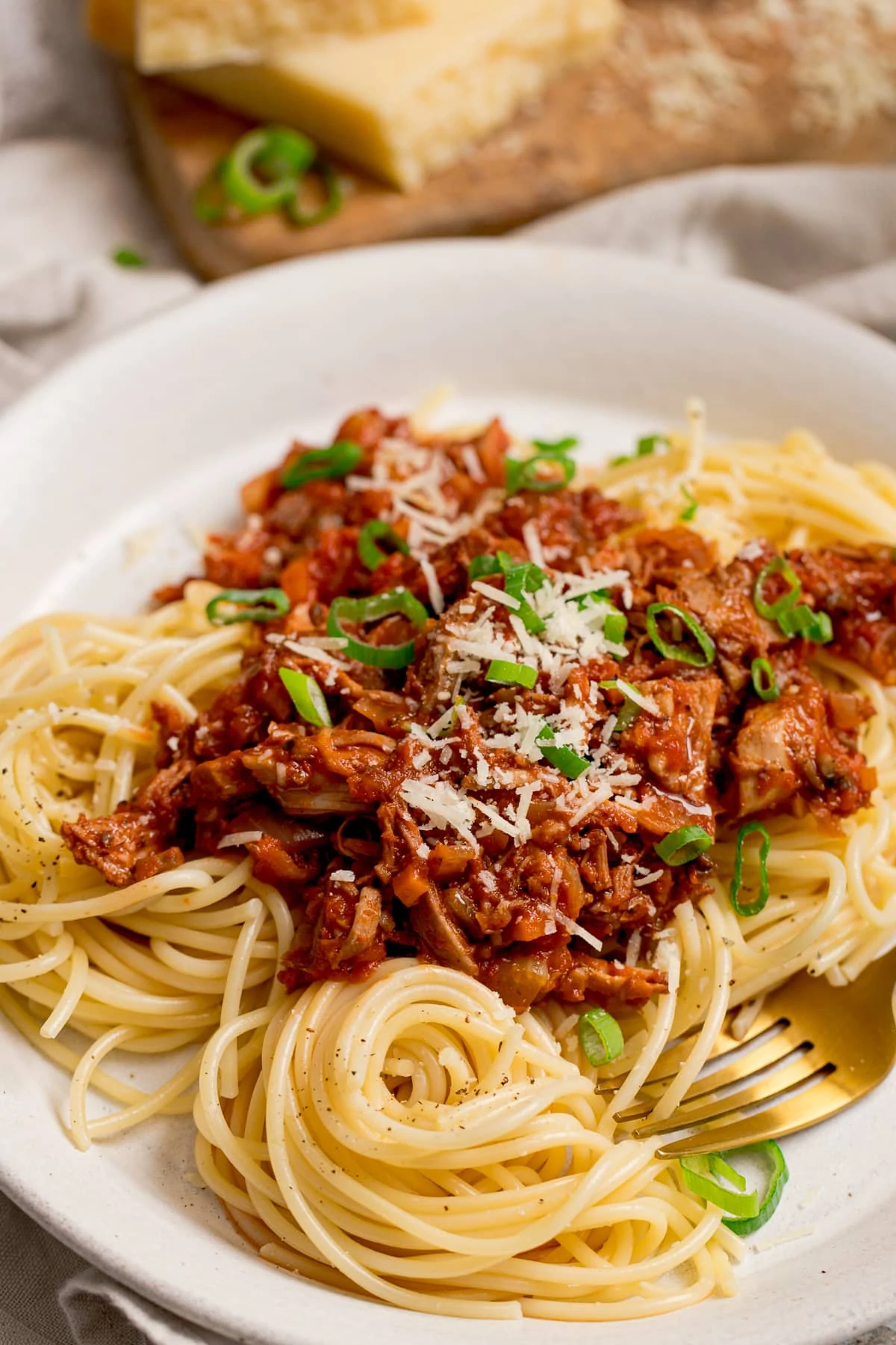 leftover turkey bolognese on a white plate with spaghetti. Topped with spring onions.