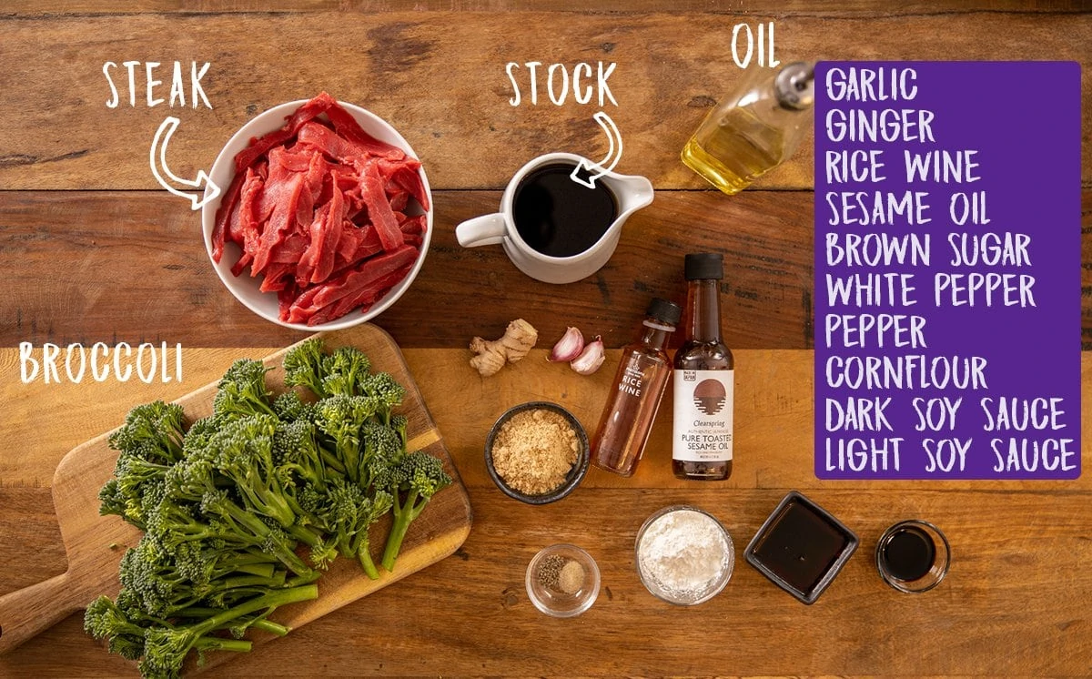 Ingredients for Chinese beef and broccoli on a wooden table.
