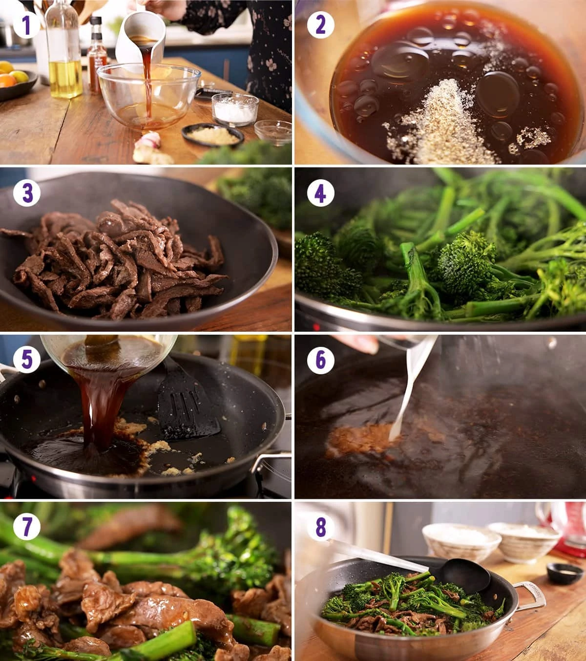 8 image collage showing how to make beef and broccoli
