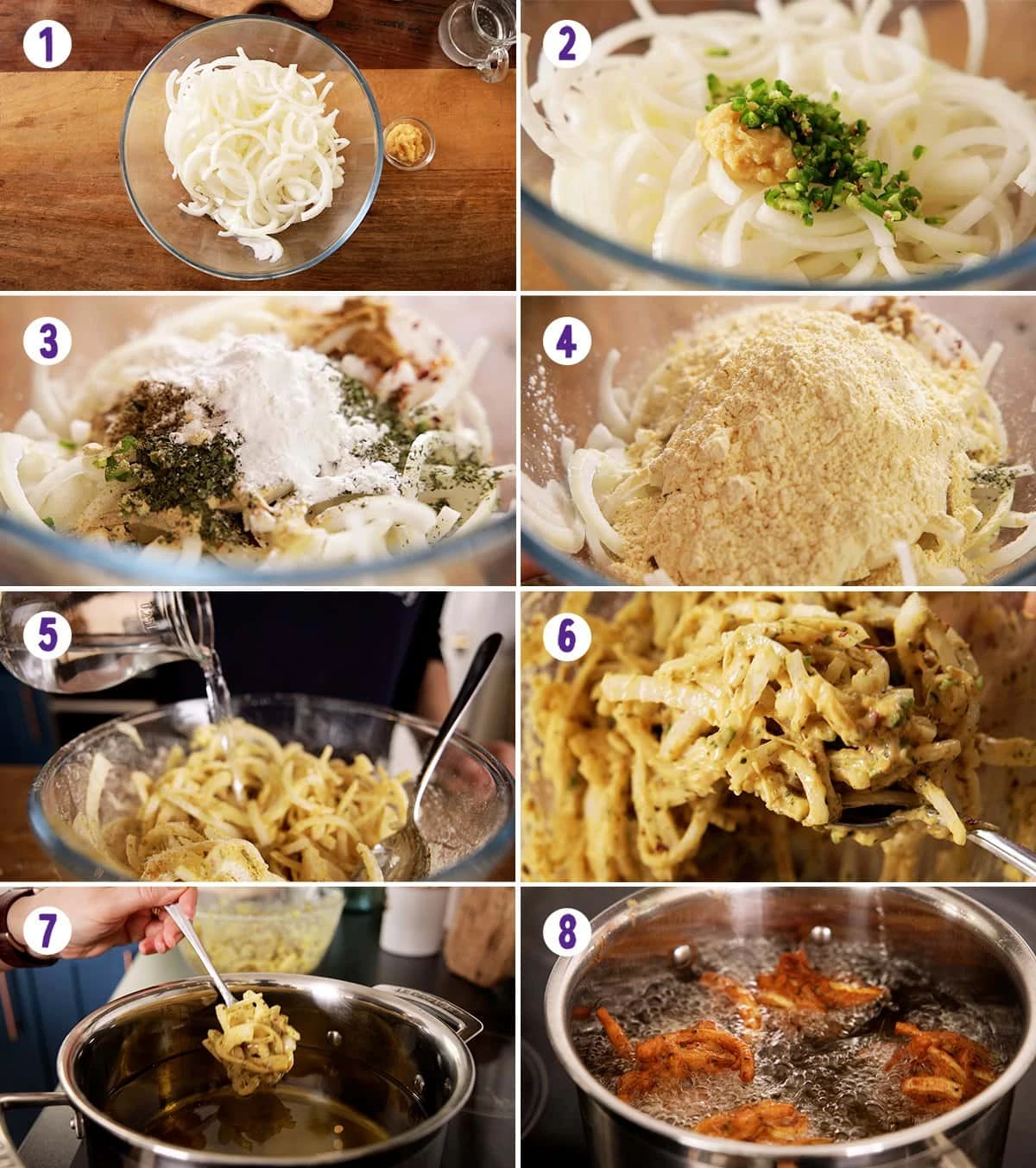 8 image collage showing how to make onion bhaji