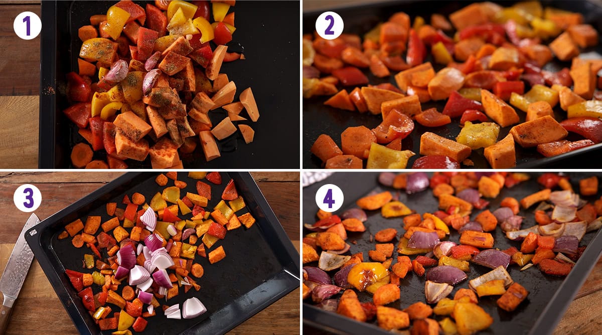 Four-step collage showing chopped vegetables on a baking tray: seasoned, mixed, with added onions, then roasted until browned—ideal for starting a tasty roasted vegetable soup.