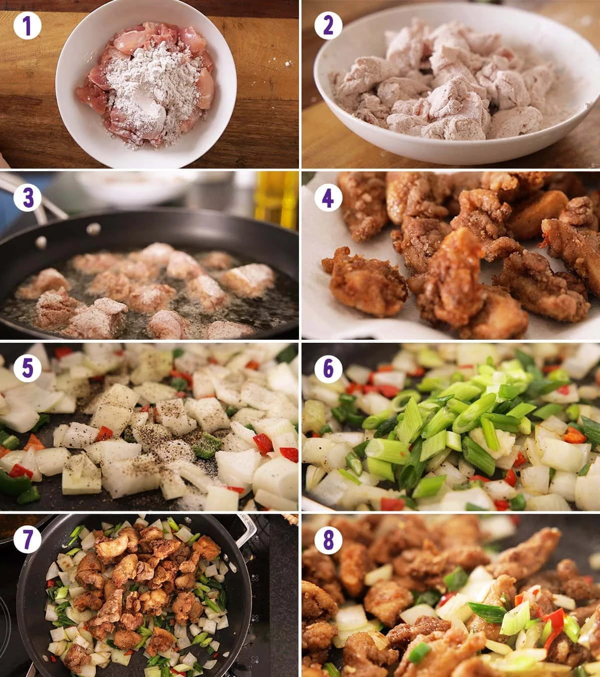 8 image collage showing how to makw salt and pepper chicken