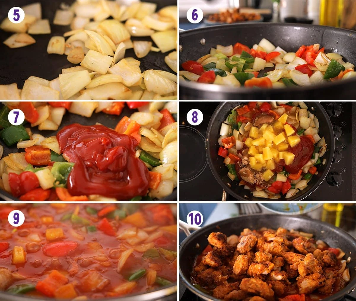 6 image collage showing how to make sweet and sour pork