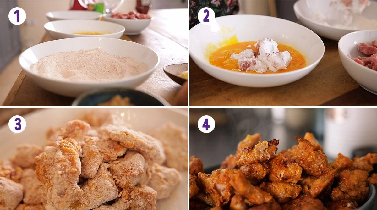 4 image collage showing how to make crispy pork for sweet and sour pork