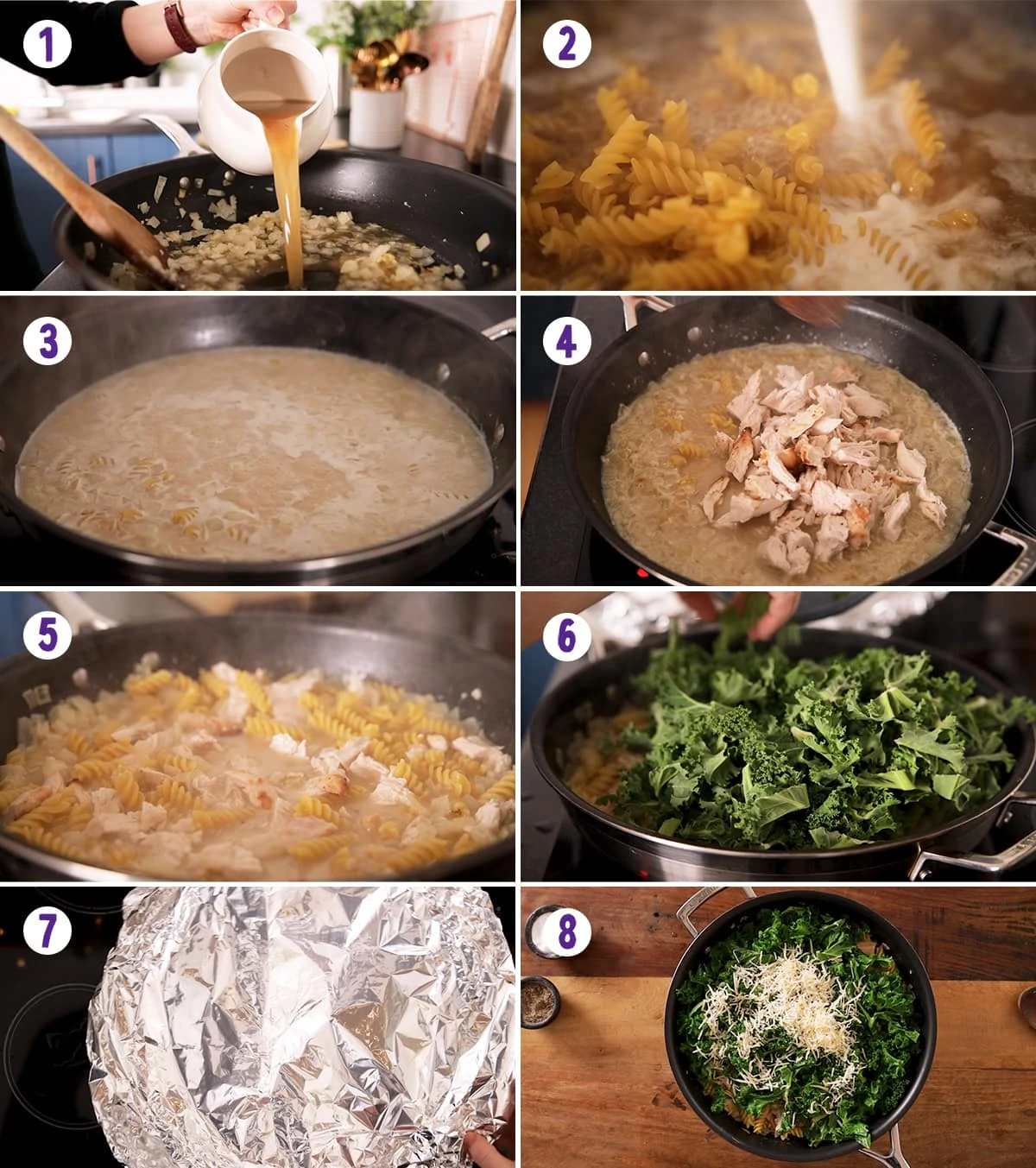 8 images in a collage showing the process of making a chicken pasta recipe.