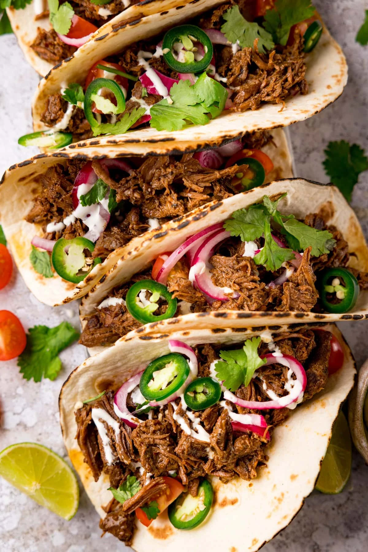 Overhead image of beef barbacoa tacos lined up on a light background