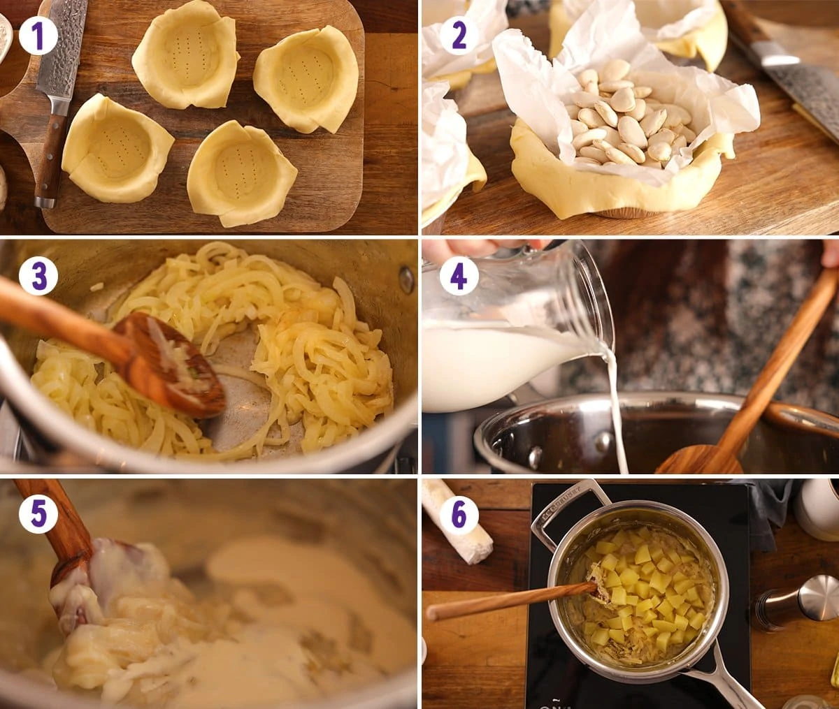 6 image collage showing initial process steps for making individual cheese and onion pies.