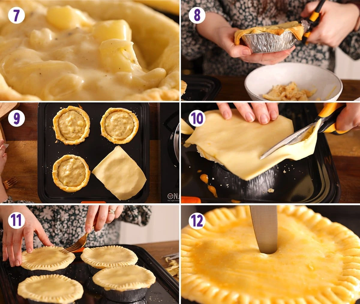 6 image collage showing final process steps for making individual cheese and onion pies.