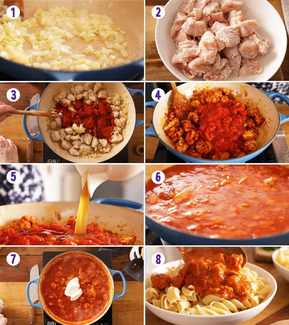 8 image collage showing how to make chicken paprikash