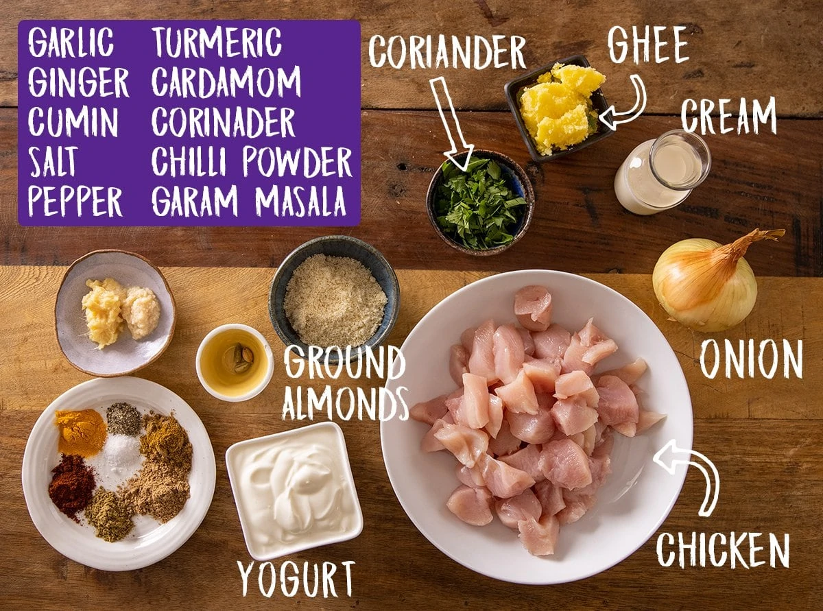 Ingredients for chicken pasanda on a wooden table.