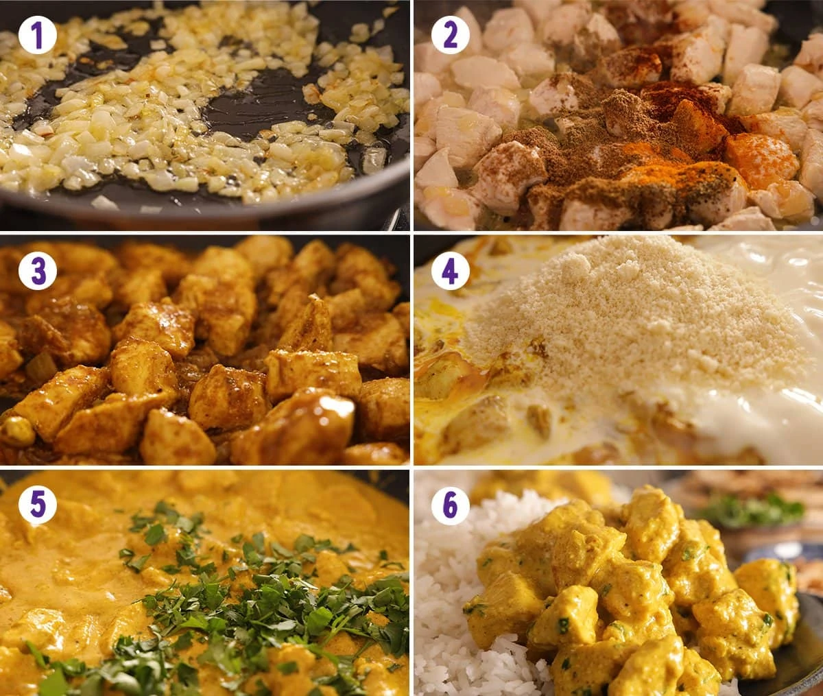 6 image collage showing how to make chicken pasanda.