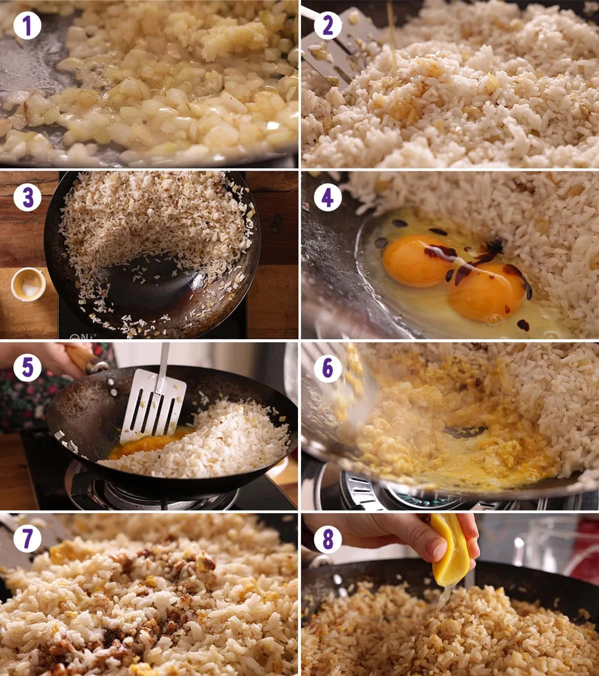 8 image collage showing how to make egg fried rice.