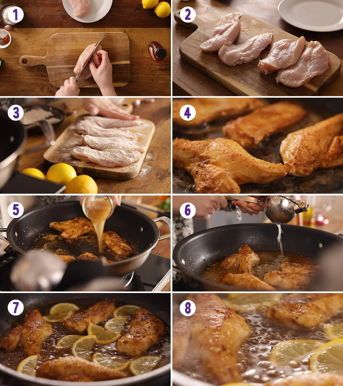 6 image collage showing how to make honey lemon chicken.