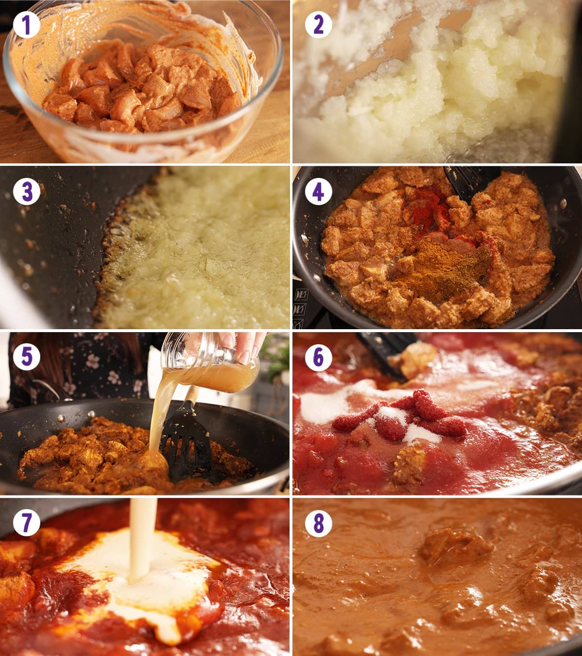 8 image collage showing how to make butter chicken curry.