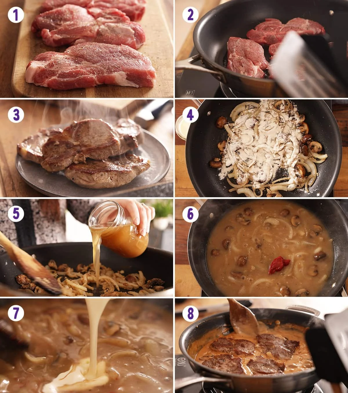 8 image collage showing how to make smothered pork.