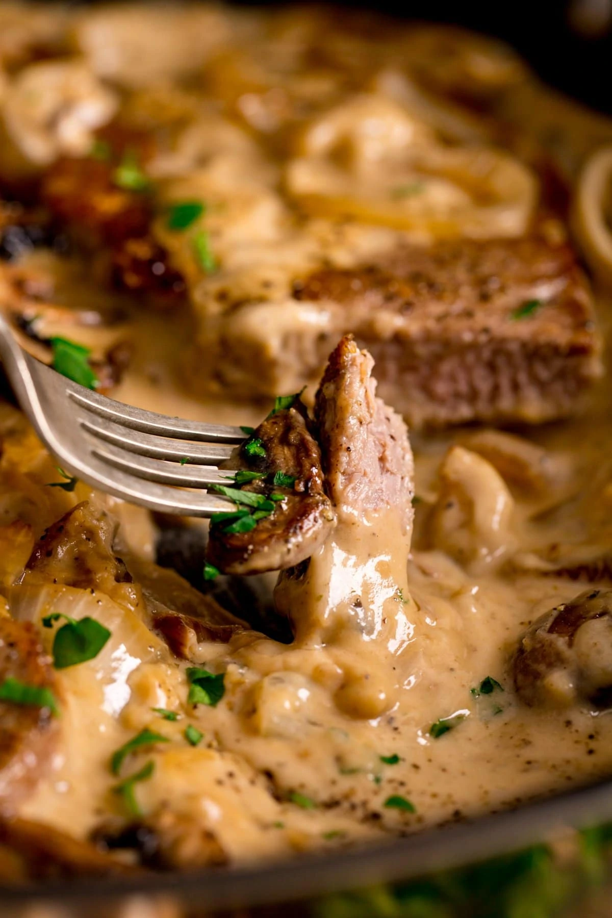 Piece of pork steak being lifted out of creamy sauce with a fork.
