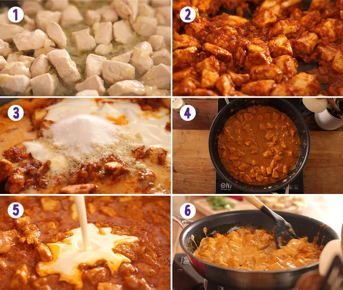 6 image collage showing how to make chicken korma