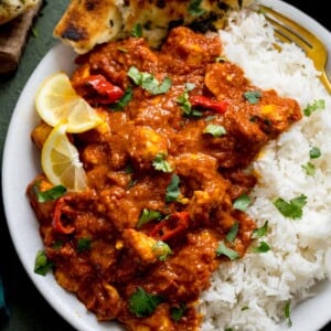 chicken pathia and boiled rice on a white plate. Curry is topped with lemon slices and coriander.