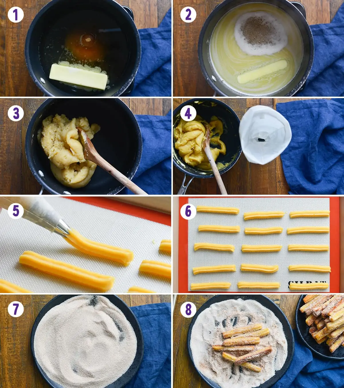 Collage of 8 images showing the process of making churros.
