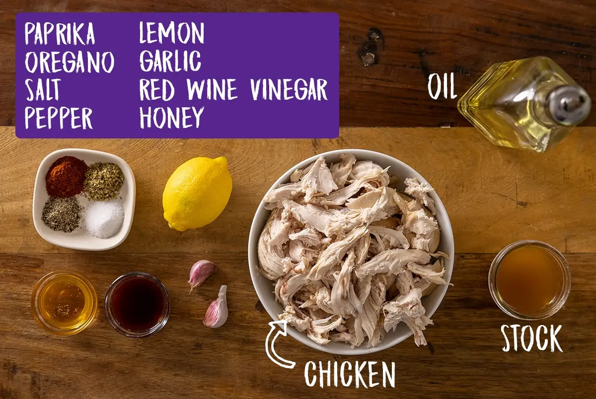 Ingredients for easy chicken gyros on a wooden board with written labels identifying each ingredient.
