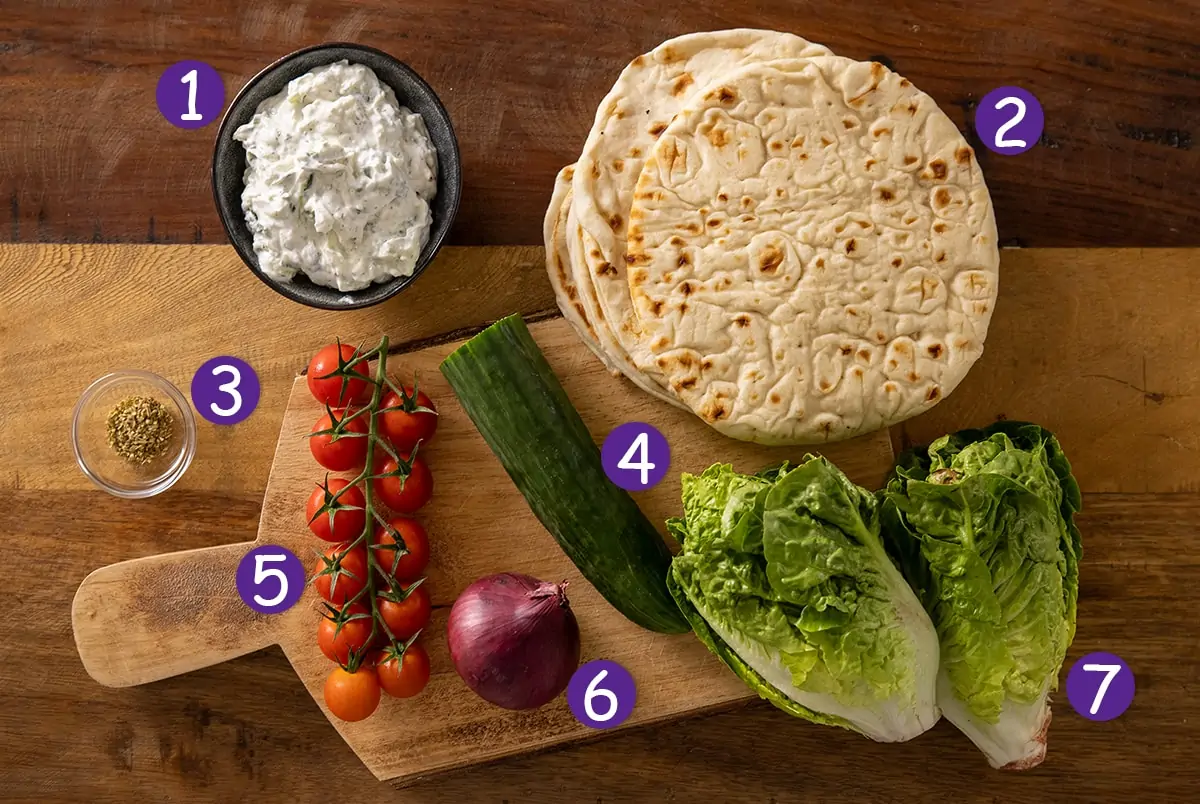 Overhead photo of Tzatziki, flatbreads and salad ingredients on a wooden background with numbers .