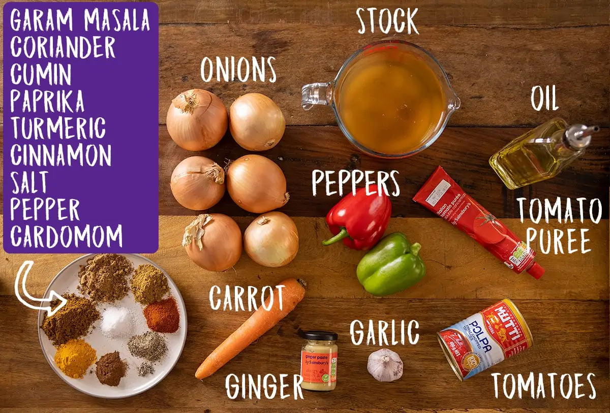 Ingredients for curry base gravy on a wooden table