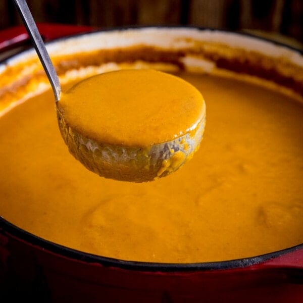 Ladle being lifted from a red cast iron pan containing curry base gravy.